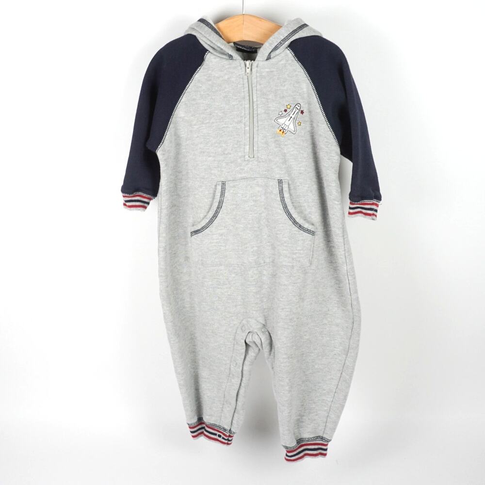 The Children's Place One-Piece Fleece‎ Hooded Rocket Ship Coverall Gray Baby 18m